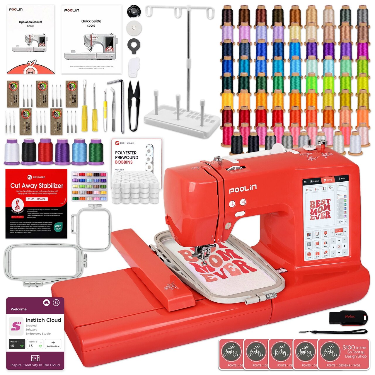 POOLIN EOC05 4in x 9.2in Embroidery Machine with Embroidery Spools Bundle - Red